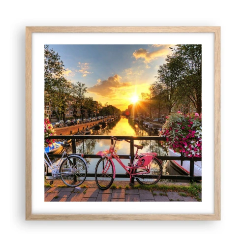 Plakat i ramme af lyst egetræ - Forårsmorgen i Amsterdam - 50x50 cm