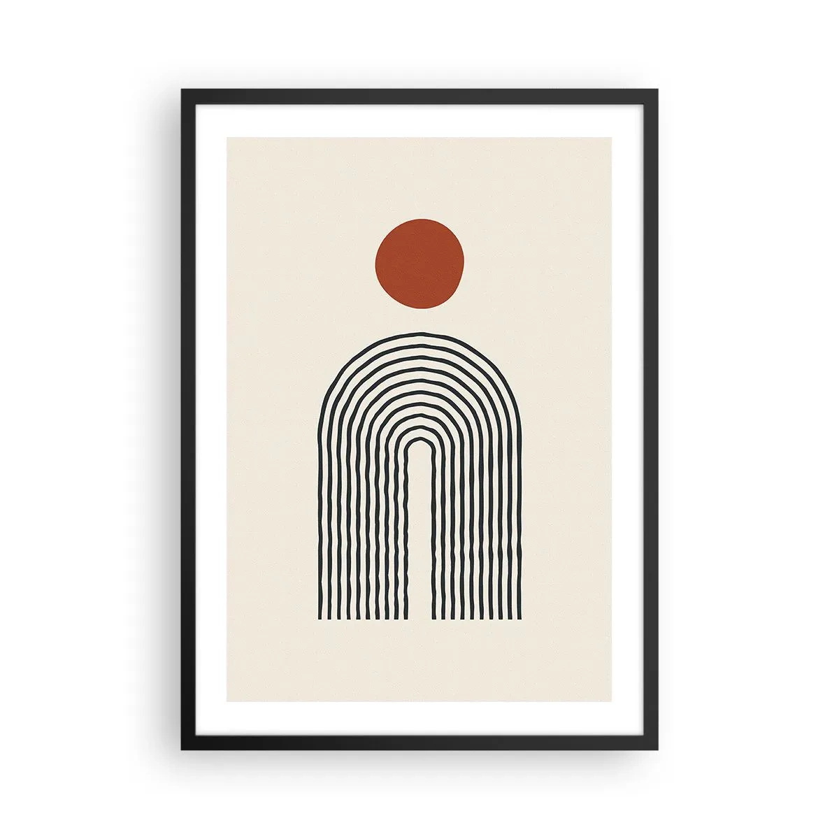 Plakat i sort ramme - Geometrisk abstraktion med en lineær bue og en rød cirkel. - 50x70cm - Magnetisme af former og farver - Moderne vægdekoration til stue og soveværelse ARTTOR