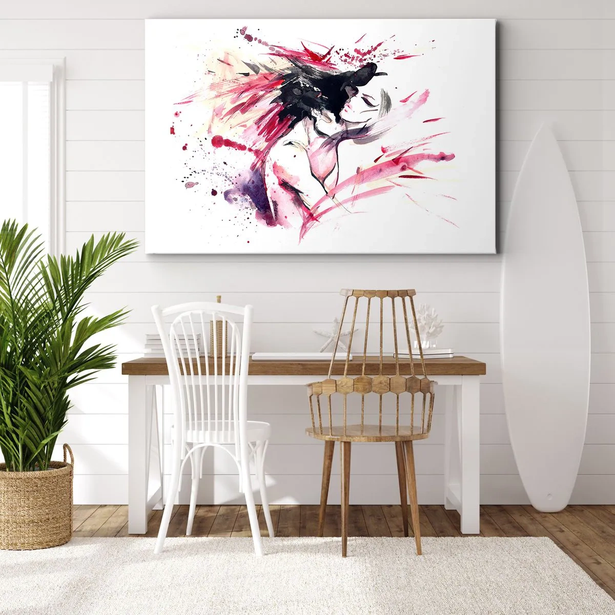 Lærredstryk - Billede på lærred - Abstrakt portræt af en kvinde med dynamiske røde accenter - 70x50cm - Kærlighedsopfyldelse - Moderne vægdekoration til stue og soveværelse ARTTOR