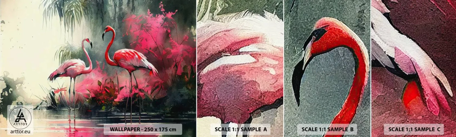 Fototapet Prøve Standard Eco - En lektion i naturlig charme - Flamingoer, Stykke, Landskab - 100x30 cm