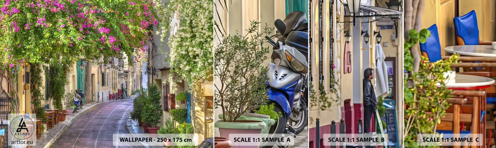 Fototapet Prøve Standard Eco - En blomstrende gyde - Arkitektur, Grækenland, By - 100x30 cm