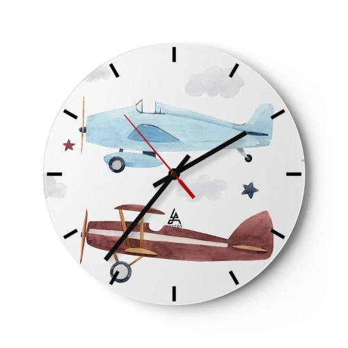 Vægur, Uret - Illustration af to flyvemaskiner i retrostil mod en overskyet baggrund - 30x30cm - Hr. pilot, vi venter! - Moderne vægdekoration til stue, køkken og soveværelse ARTTOR