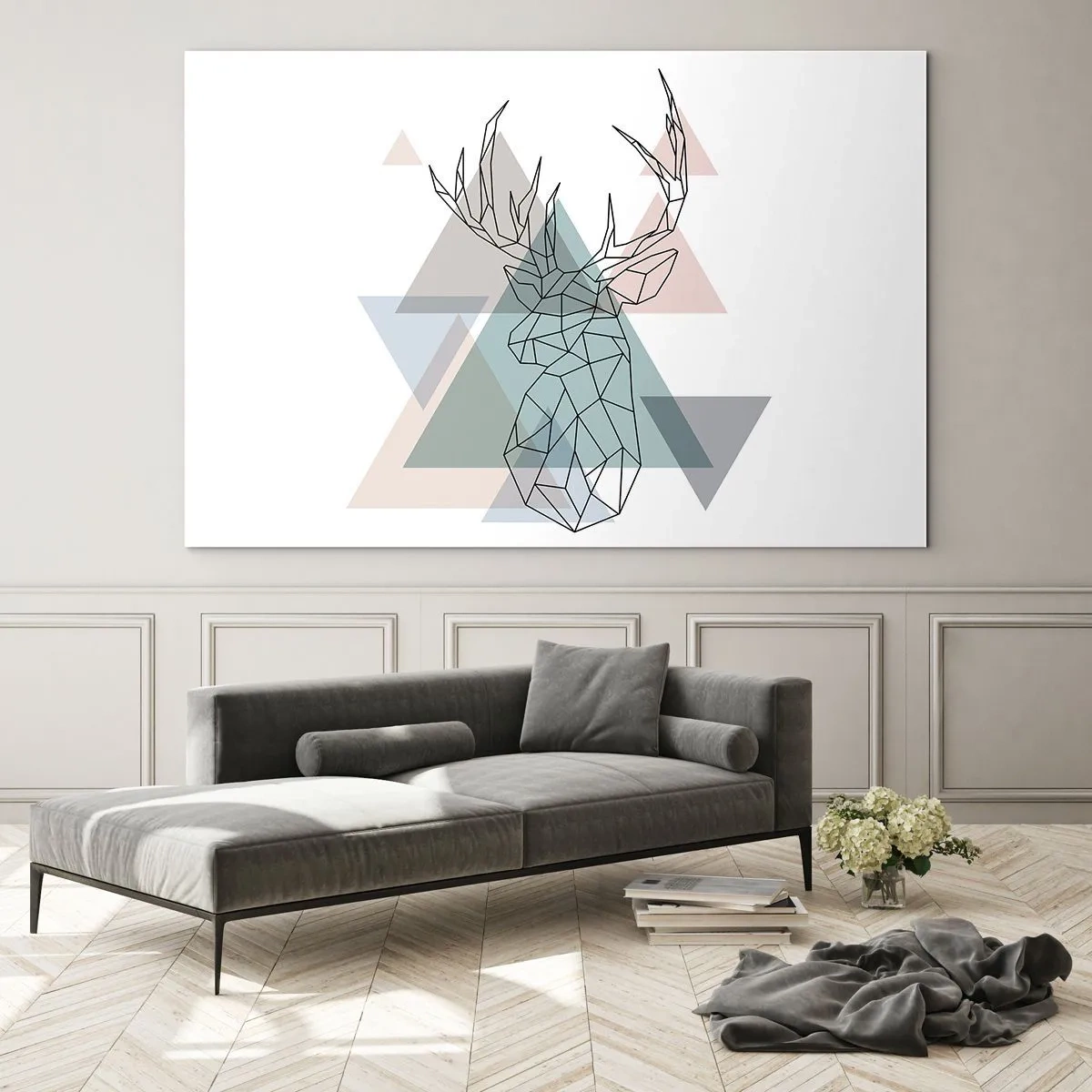 Billede på glas - Geometrisk tegning af en hjort mod en baggrund af pastelfarvede trekanter - 70x50cm - I en geometrisk skov - Moderne vægdekoration til stue og soveværelse ARTTOR