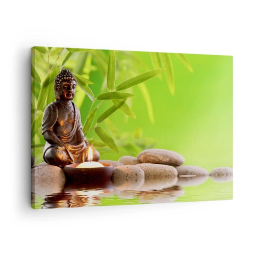 Lærredstryk - Billede på lærred - Buddhafigur med sten og et stearinlys mod en bambusbaggrund - 70x50cm - Livet er smukt - Moderne vægdekoration til stue og soveværelse ARTTOR