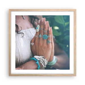 Plakat i ramme af lyst egetræ - Velkommen til værens centrum - 50x50 cm