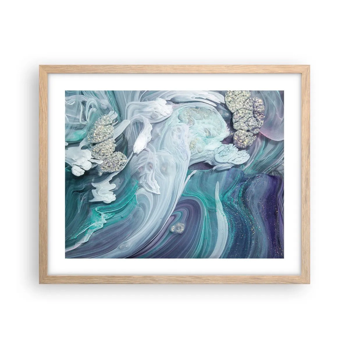 Plakat i ramme af lyst egetræ - Strømme af blå - 50x40 cm