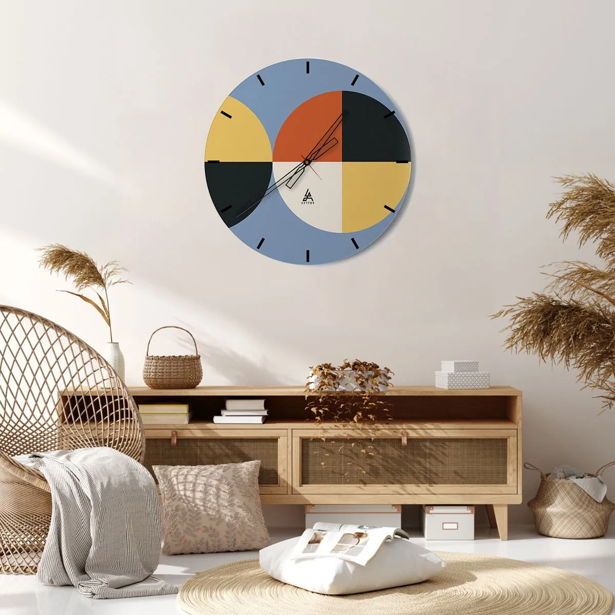 Vægur, Uret - Geometrisk komposition med farverige halvcirkler og firkanter - 30x30cm - Se og tæl - Moderne vægdekoration til stue, køkken og soveværelse ARTTOR