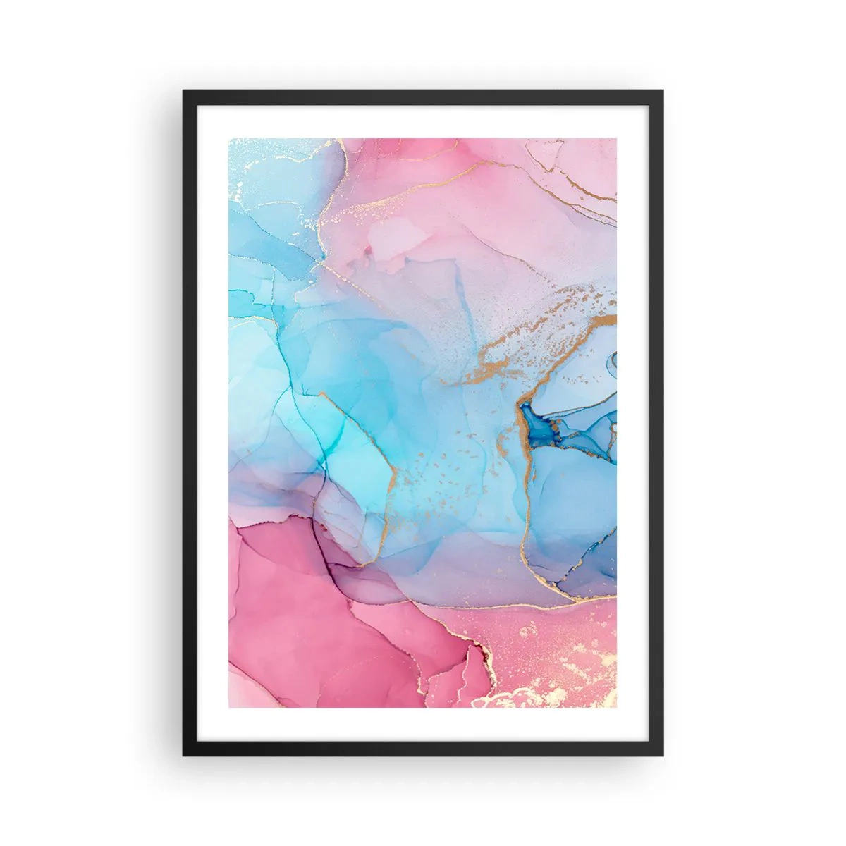 Plakat i sort ramme - Abstrakte pletter i nuancer af pink, blå og guld - 50x70cm - Møde og gennemtrængning - Moderne vægdekoration til stue og soveværelse ARTTOR