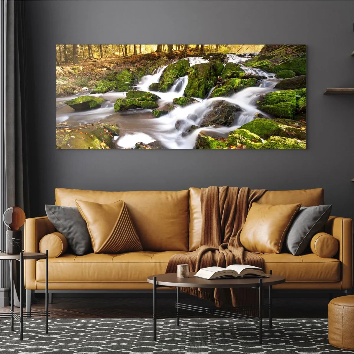 Billede på glas - Bystrøm gennem efterårsskoven - 160x50 cm