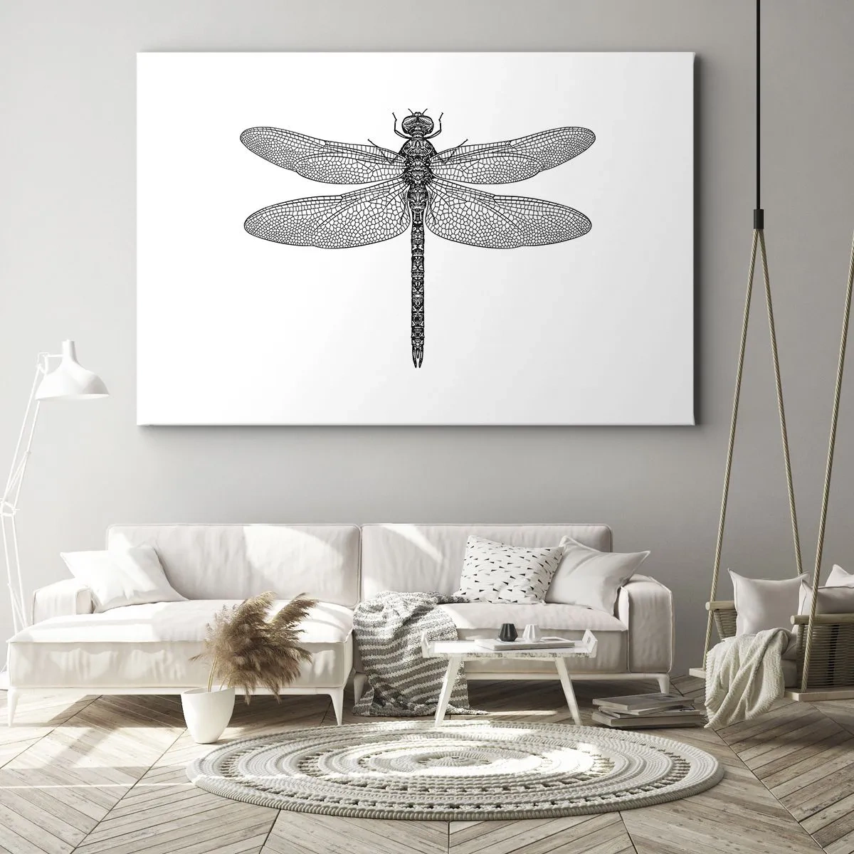 Lærredstryk - Billede på lærred - Sort-hvid tegning af en guldsmed på en hvid baggrund i minimalistisk stil - 70x50cm - Præcision i naturen - Moderne vægdekoration til stue og soveværelse ARTTOR