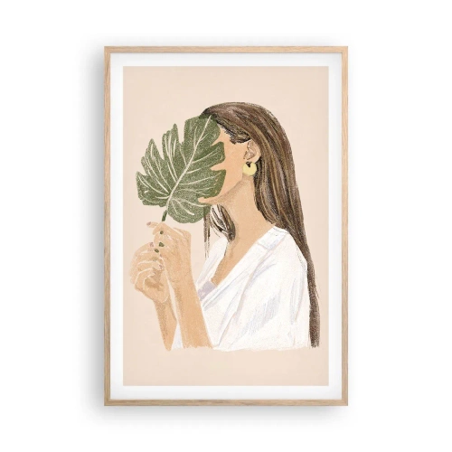 Plakat i ramme af lyst egetræ - Mystisk portræt med en vifte - 61x91 cm