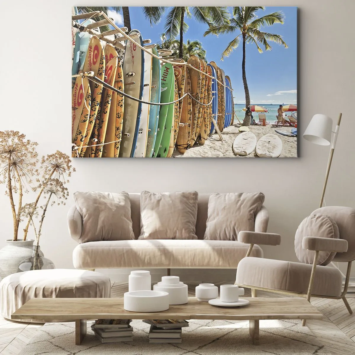 Lærredstryk - Billede på lærred - Surfbrætter på en strand med palmer - 70x50cm - Solrig sjov - Moderne vægdekoration til stue og soveværelse ARTTOR