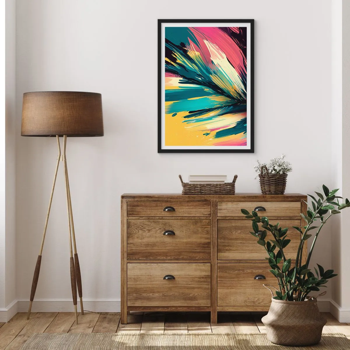 Plakat i sort ramme - En abstrakt eksplosion af farver i et dynamisk arrangement - 50x70cm - Komposition - en eksplosion af glæde - Moderne vægdekoration til stue og soveværelse ARTTOR