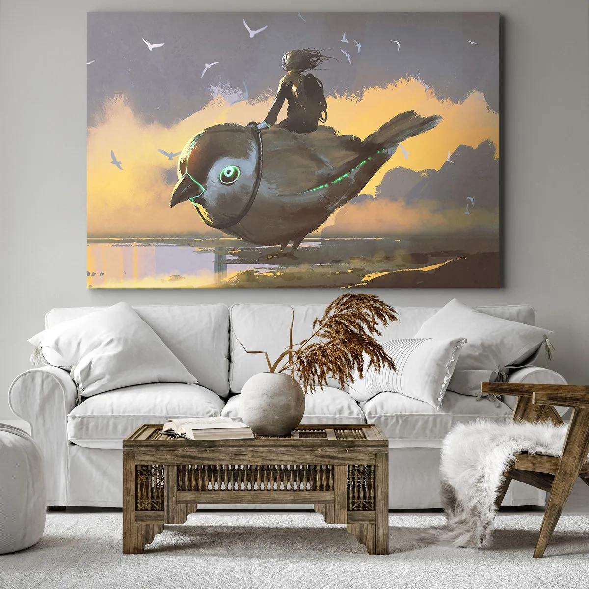 Lærredstryk - Billede på lærred - Rytter på en kæmpe fugl i et surrealistisk landskab - 70x50cm - Et stop på en fantastisk rejse - Moderne vægdekoration til stue og soveværelse ARTTOR