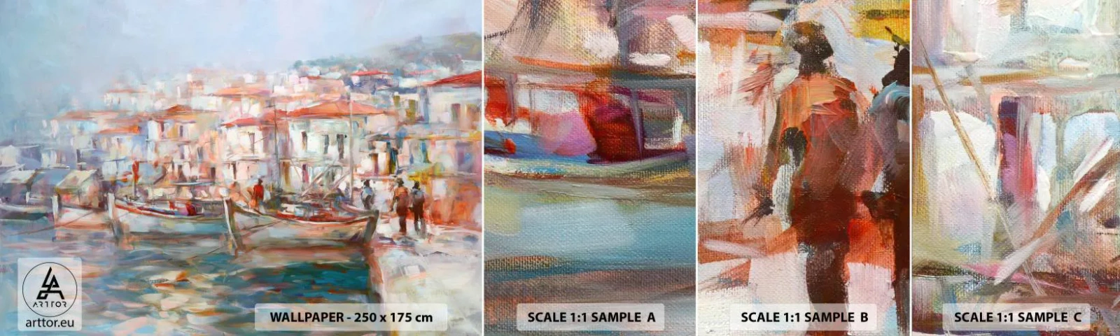 Prøve Fototapet Selvklæbende Deluxe Sticker - Pastelfarvede helligdage - Havneby, Arkitektur, Fiskebåd - 100x30 cm