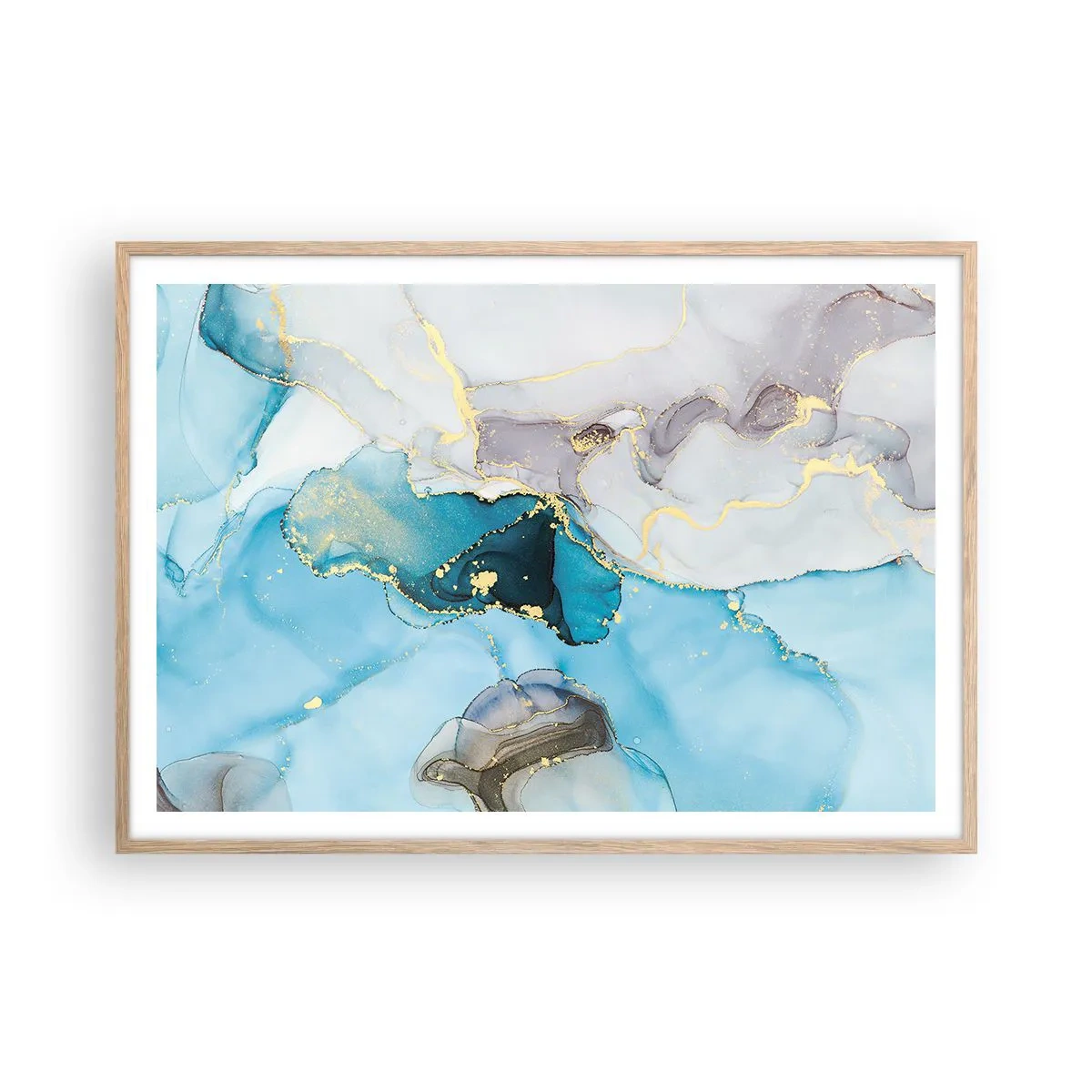 Plakat i ramme af lyst egetræ - En undersøgelse af mødet mellem grå og turkis - 100x70 cm