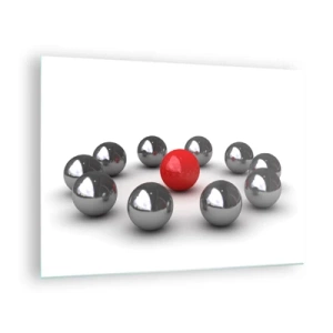 Billede på glas - En rød kugle omgivet af sølv på en hvid baggrund - 70x50cm - Cirkel i sølv og rød - Moderne vægdekoration til stue og soveværelse ARTTOR
