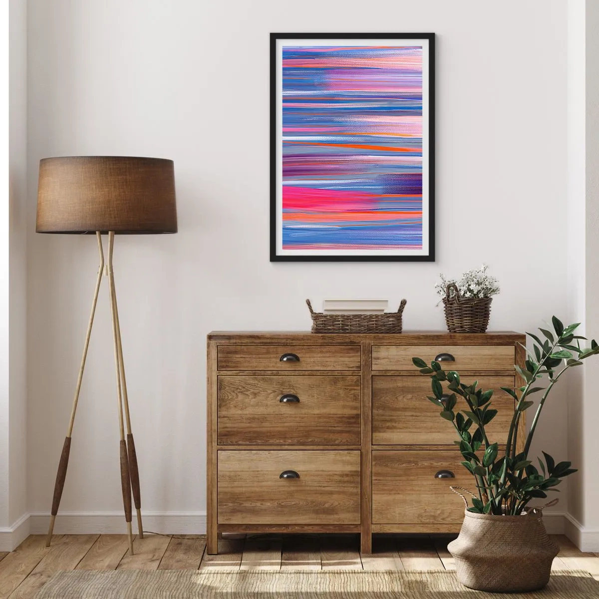 Plakat i sort ramme - Abstrakte vandrette linjer i nuancer af blå og lyserød - 50x70cm - Opstigning - Moderne vægdekoration til stue og soveværelse ARTTOR