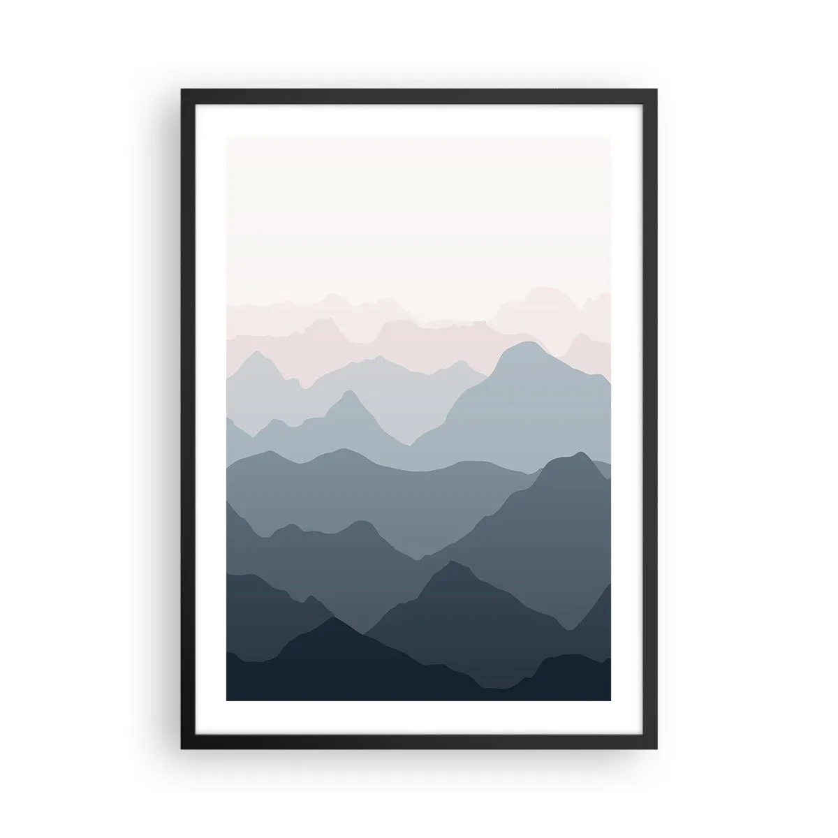 Plakat i sort ramme - Lagdelte bjergkæder i nuancer af blå og grå - 50x70cm - Bølger af bjerge - Moderne vægdekoration til stue og soveværelse ARTTOR