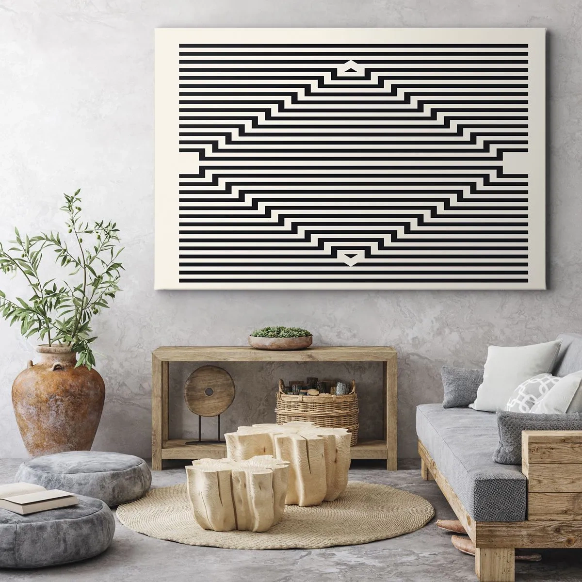 Lærredstryk - Billede på lærred - Sorte og hvide linjer skaber en geometrisk illusionseffekt - 70x50cm - Geometrisk illusion - Moderne vægdekoration til stue og soveværelse ARTTOR
