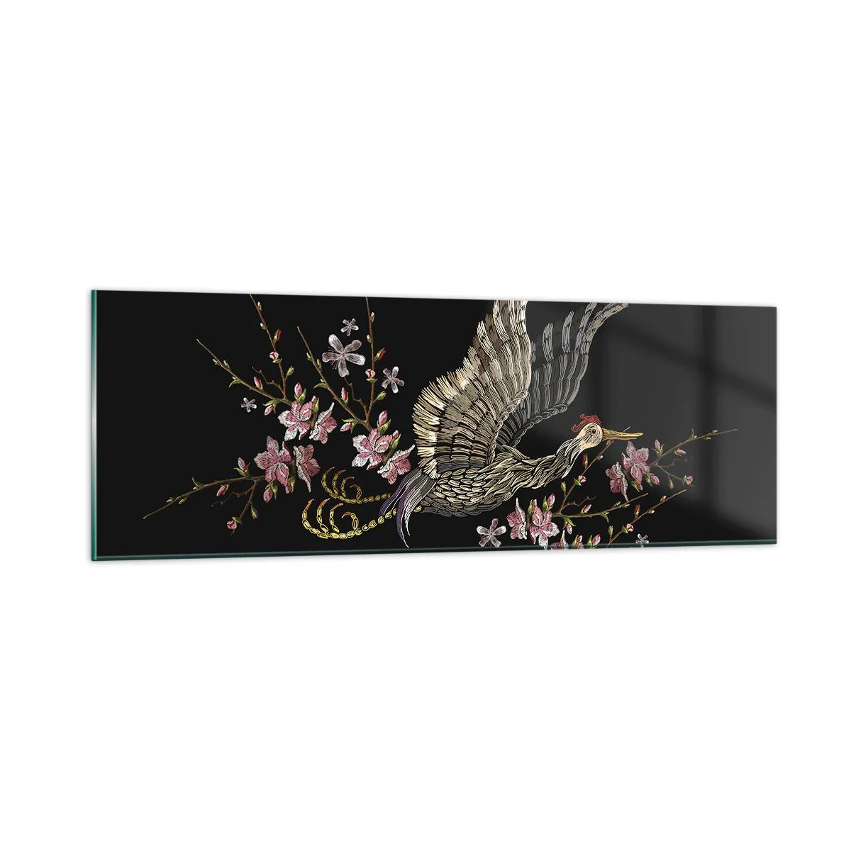 Billede på glas - Eksotisk broderet fugl - 90x30 cm