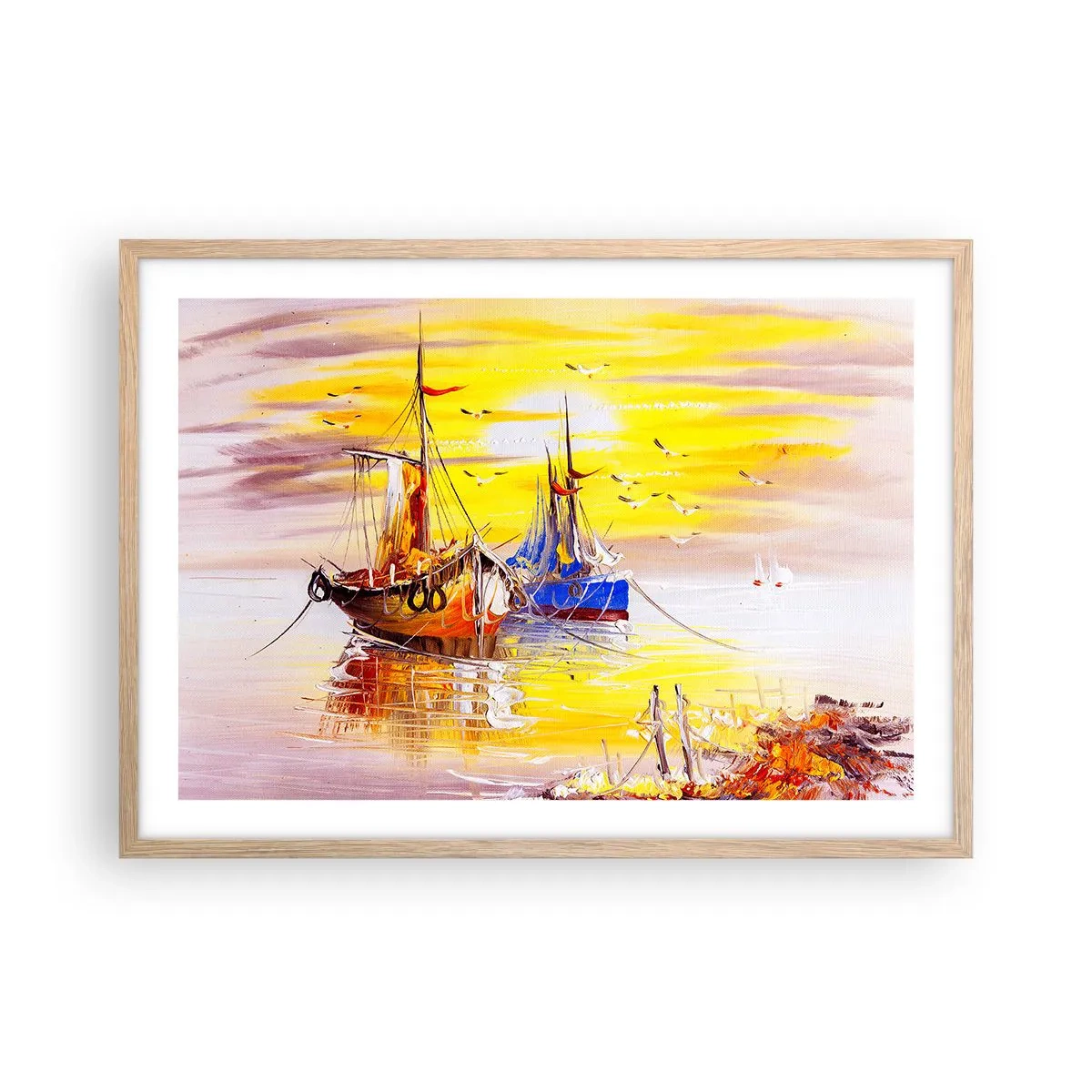 Plakat i ramme af lyst egetræ - Et velfortjent hvil i havnen - 70x50 cm