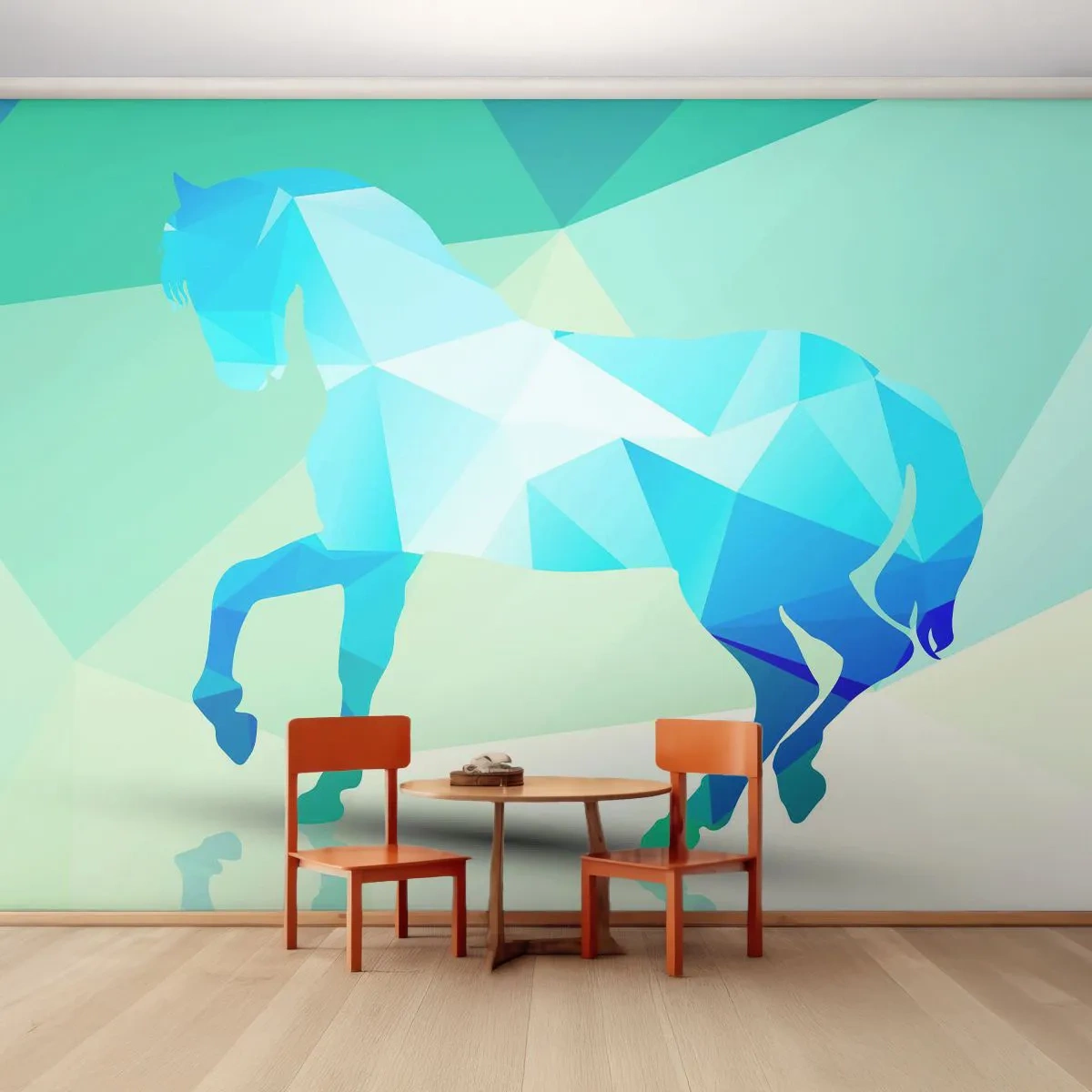 Fototapet Selvklæbende Deluxe Sticker - Geometrisk hest i turkis - Dyr, Hest, Geometrisk figur - 300x210 cm