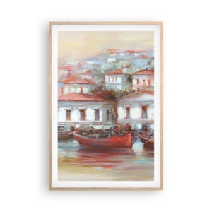 Plakat i ramme af lyst egetræ - Lykkelig by - 61x91 cm