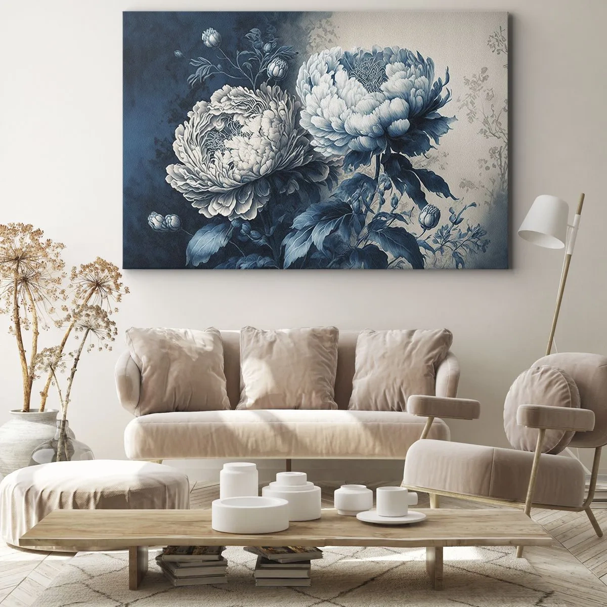 Lærredstryk - Billede på lærred - Blå pæoner på en diskret baggrund med et delikat mønster - 70x50cm - Et godt matchet par - Moderne vægdekoration til stue og soveværelse ARTTOR