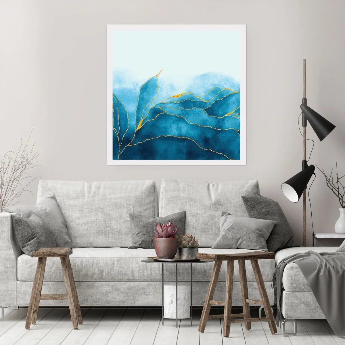 Plakat - Blå i guld - 60x60 cm