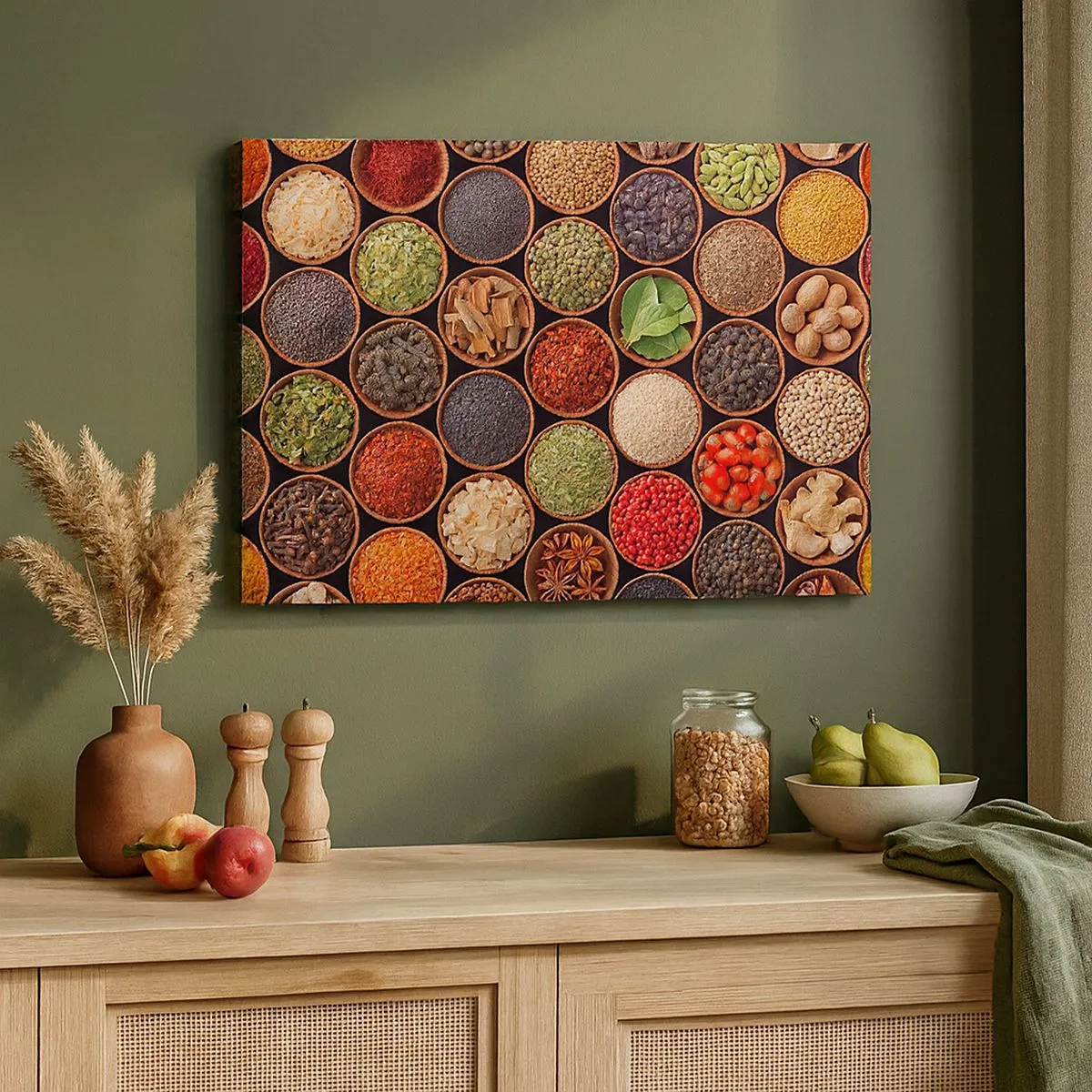 Lærredstryk - Billede på lærred - Farverige krydderier i runde beholdere - 70x50cm - Alle verdens smage - Moderne vægdekoration til stue og soveværelse ARTTOR