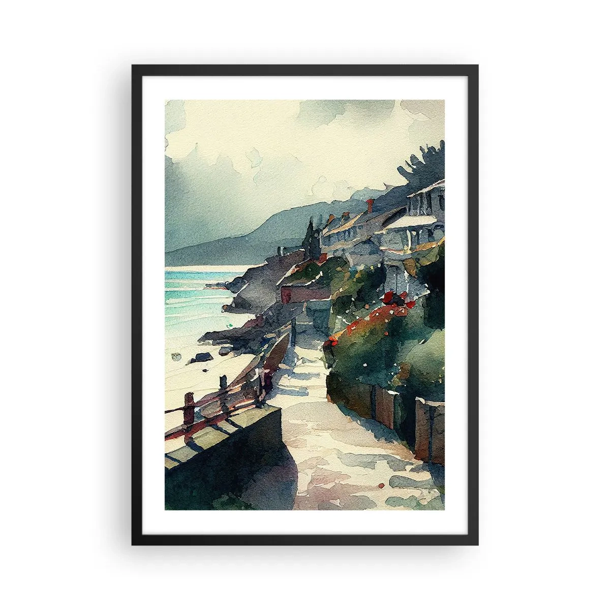 Plakat i sort ramme - En malerisk kyststi i akvarelstil - 50x70cm - Middelhavsby - Moderne vægdekoration til stue og soveværelse ARTTOR