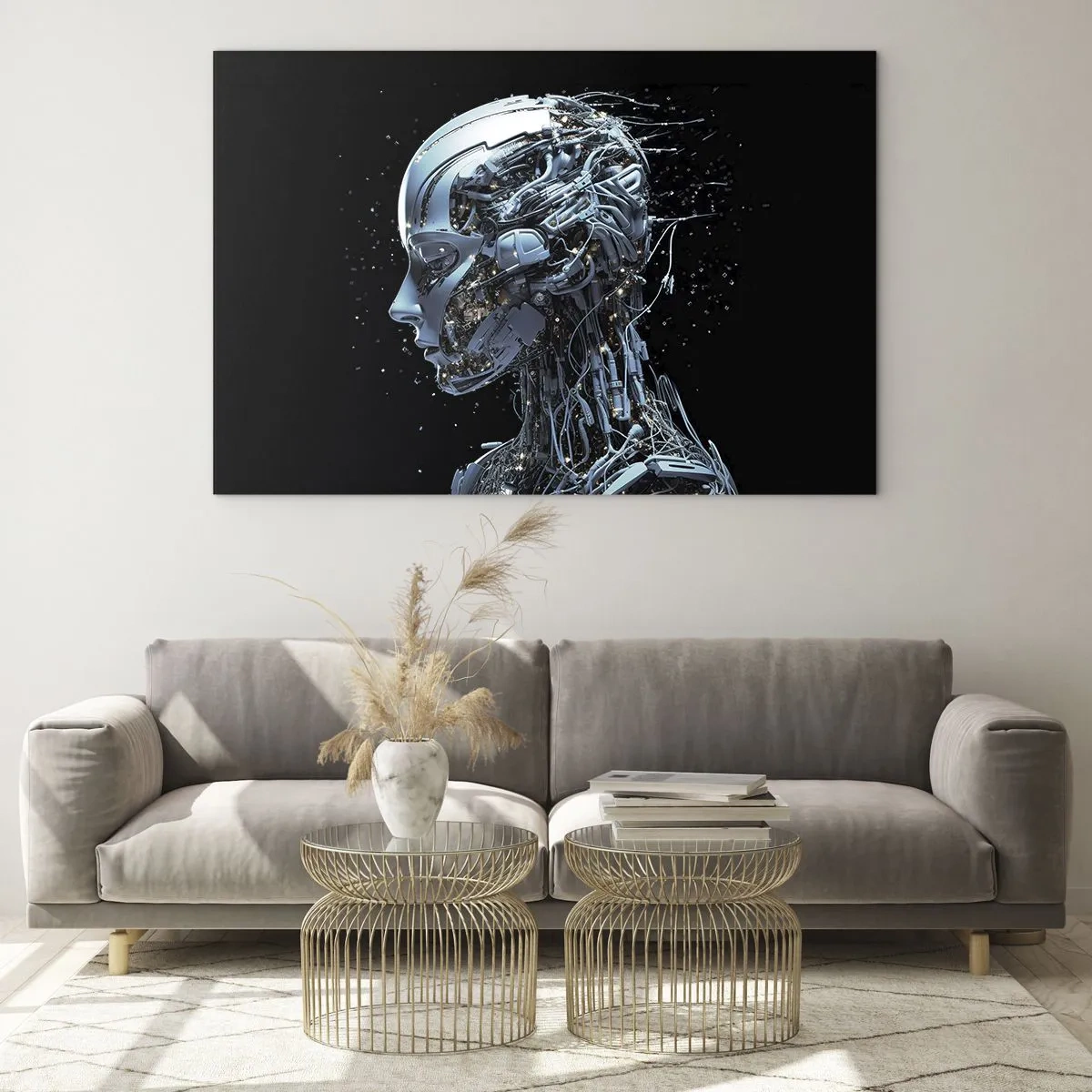Billede på glas - Profil af en kvindelig robot med ledninger og mekanismer - 70x50cm - Teknologi er en kvinde - Moderne vægdekoration til stue og soveværelse ARTTOR