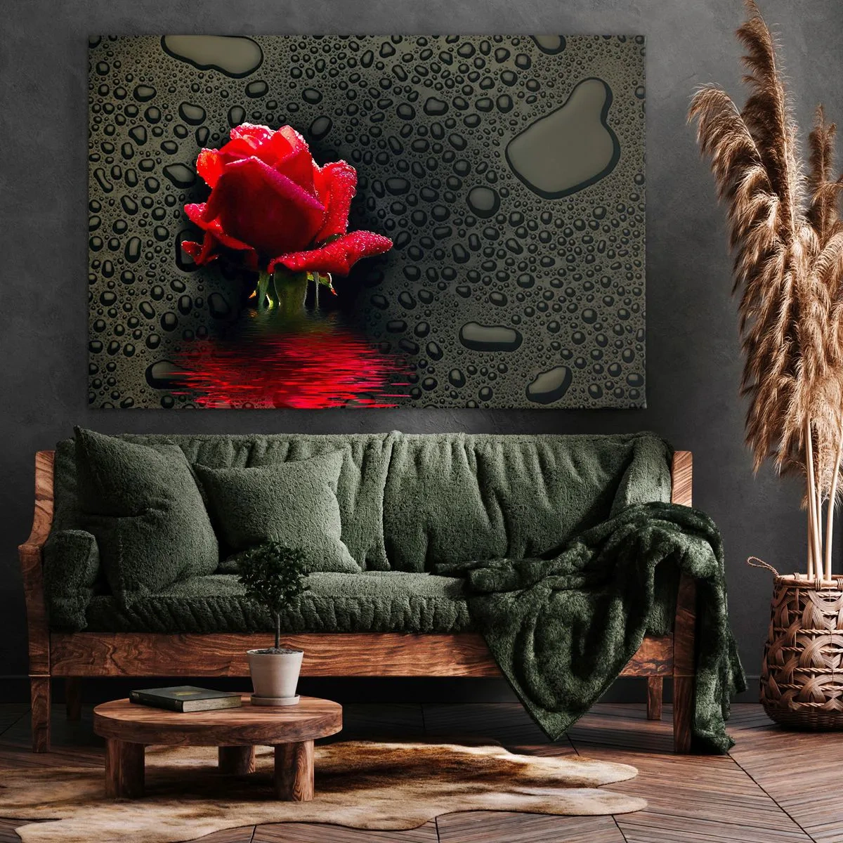 Lærredstryk - Billede på lærred - Rød rose med vanddråber på en mørk baggrund - 70x50cm - Rød og sort - Moderne vægdekoration til stue og soveværelse ARTTOR