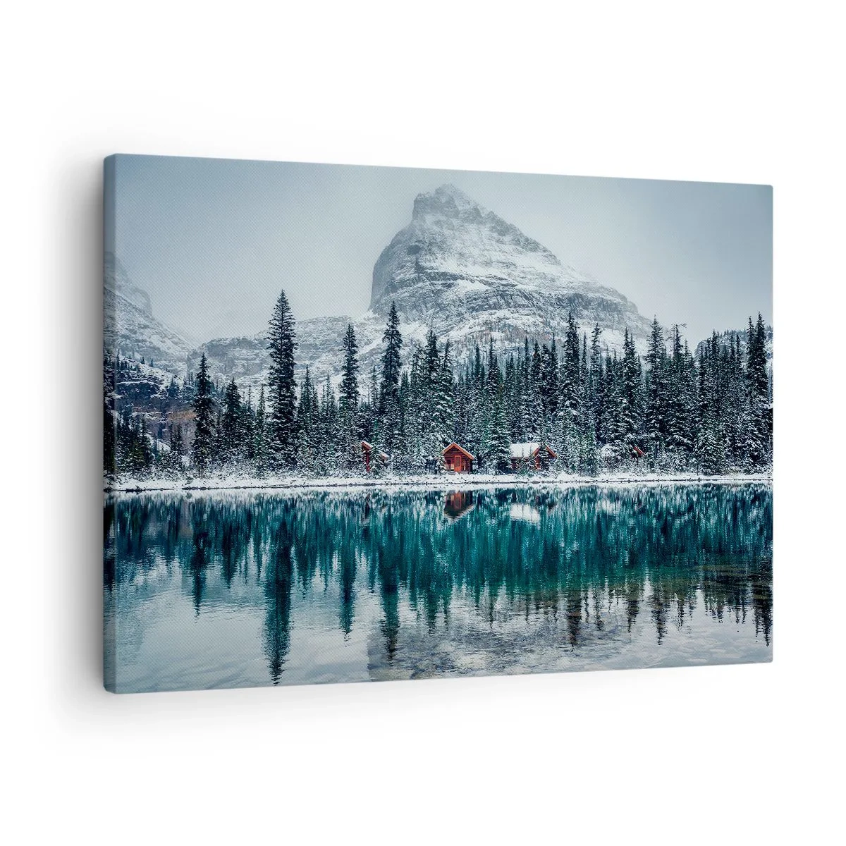Lærredstryk - Billede på lærred - Vinterlandskab med hytter i skoven ved en frossen sø - 70x50cm - En canadisk retræte - Moderne vægdekoration til stue og soveværelse ARTTOR