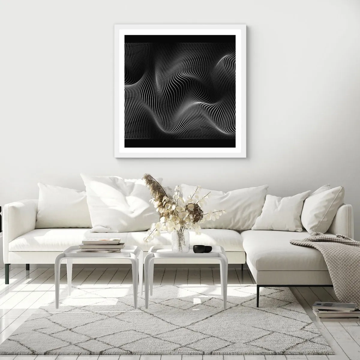 Plakat i hvid ramme - Lysets dans i rummet - 40x40 cm