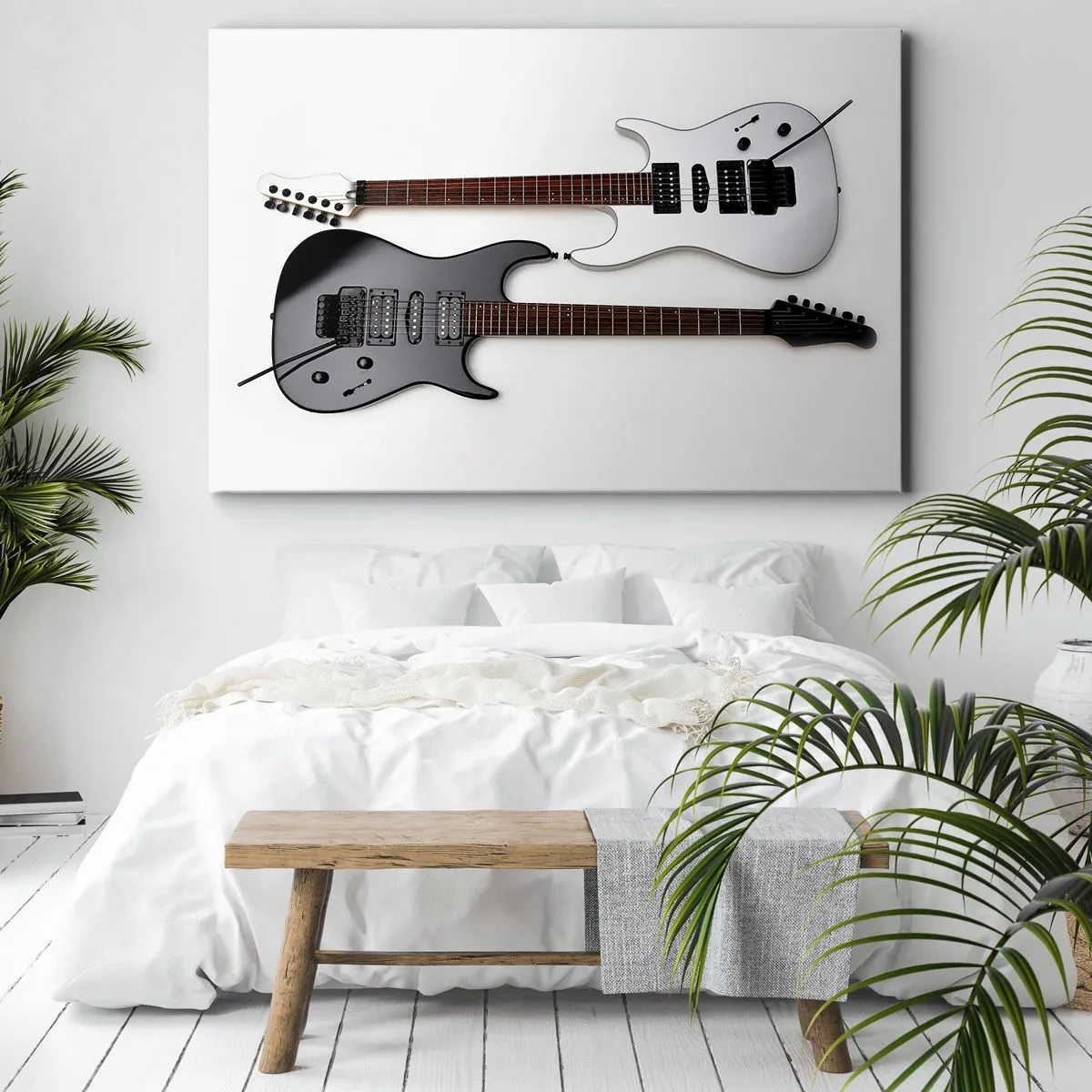 Lærredstryk - Billede på lærred - To elektriske guitarer i sort og hvid på en lys baggrund. - 70x50cm - Harmoni af former - Moderne vægdekoration til stue og soveværelse ARTTOR