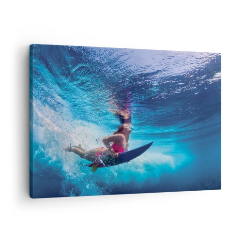 Lærredstryk - Billede på lærred - En surfer under vandet i en dynamisk komposition i blå nuancer. - 70x50cm - Dybden af glæde - Moderne vægdekoration til stue og soveværelse ARTTOR