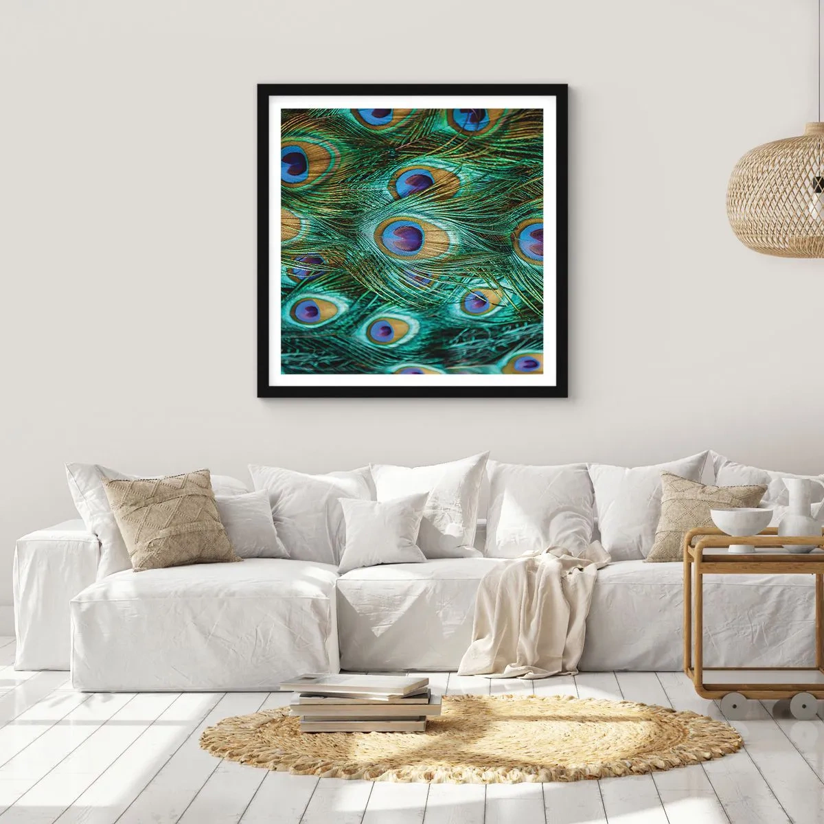 Plakat i sort ramme - En påfugls blik - 30x30 cm