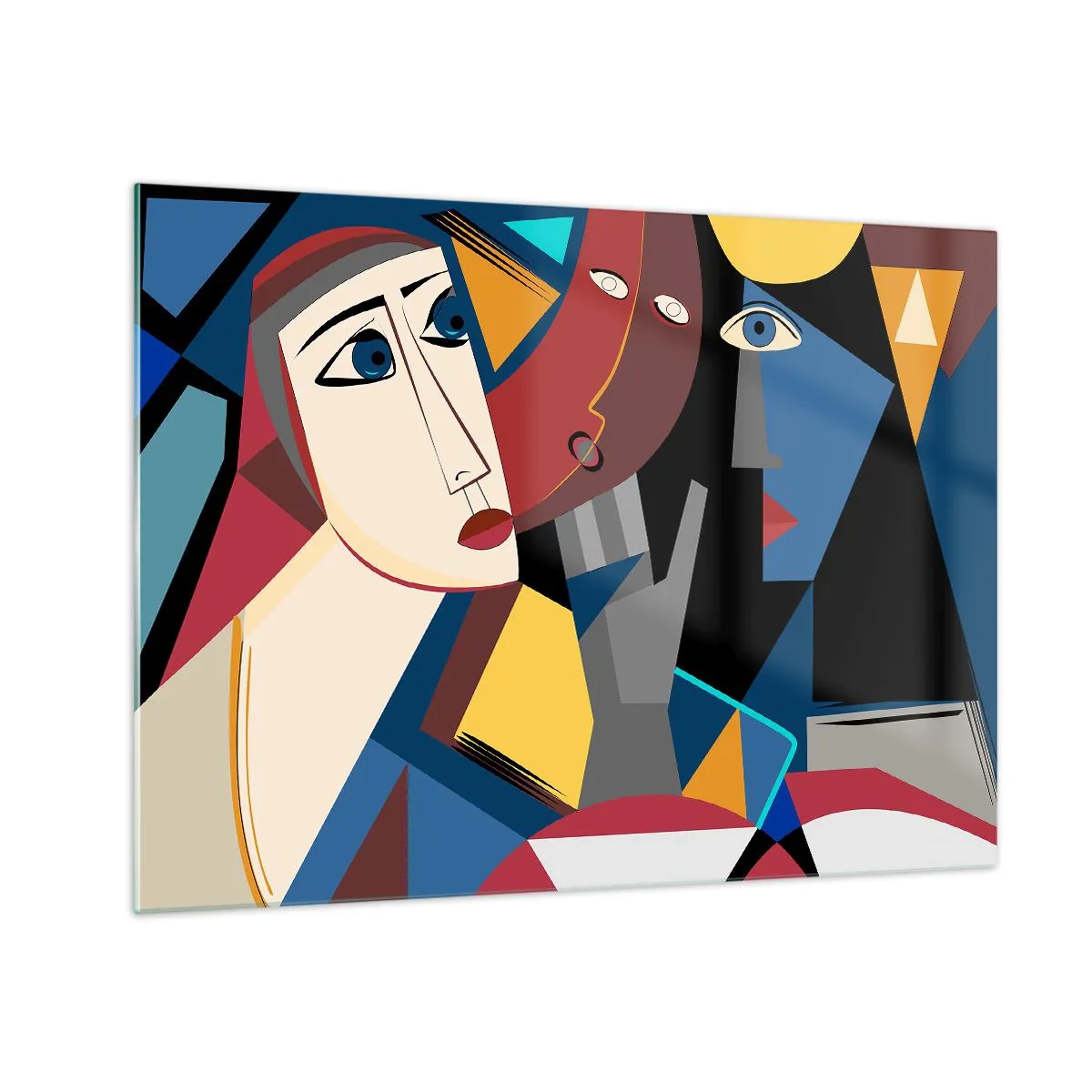 Billede på glas - Kubistiske ansigter i intense farver - 70x50cm - Kubistisk samtale - Moderne vægdekoration til stue og soveværelse ARTTOR