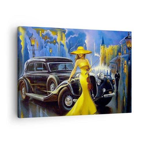 Lærredstryk - Billede på lærred - En kvinde i en gul kjole med en violin ved siden af en retrobil. - 70x50cm - Nocturne for violin og kærlighed - Moderne vægdekoration til stue og soveværelse ARTTOR