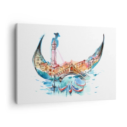 Lærredstryk - Billede på lærred - En akvarelkomposition af Venedig i form af en gondol - 70x50cm - Vi sejler gennem byen - Moderne vægdekoration til stue og soveværelse ARTTOR