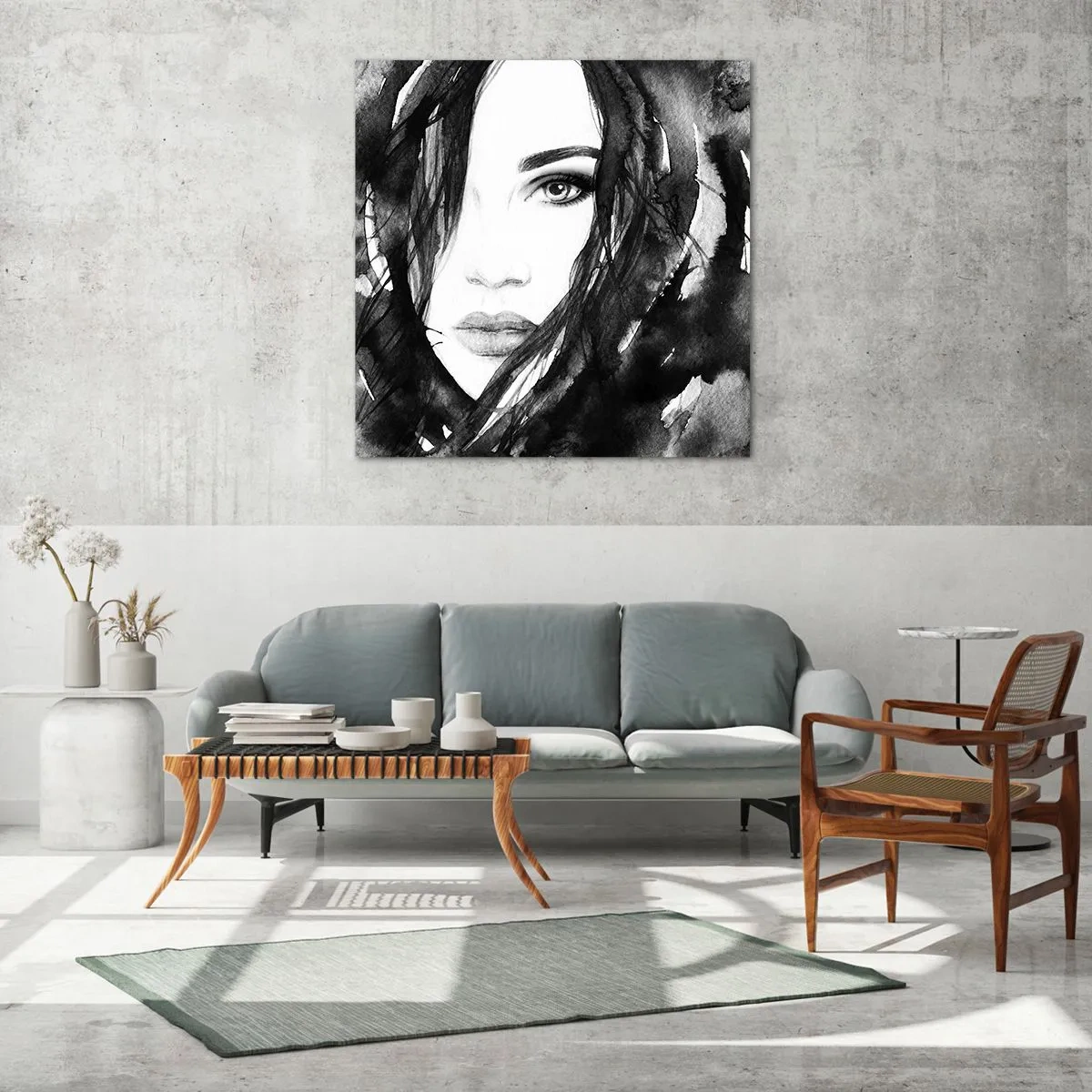 Billede på glas - Portræt af en dame i sort og hvidt - 70x70 cm