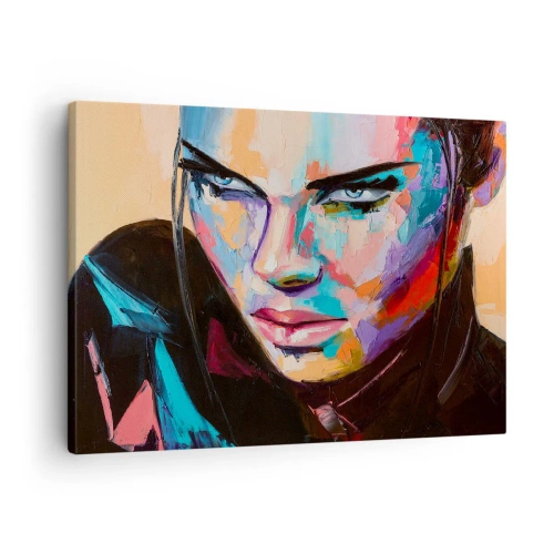 Lærredstryk - Billede på lærred - Portræt af en kvinde i levende abstrakte farver - 70x50cm - Vild i hjertet - Moderne vægdekoration til stue og soveværelse ARTTOR