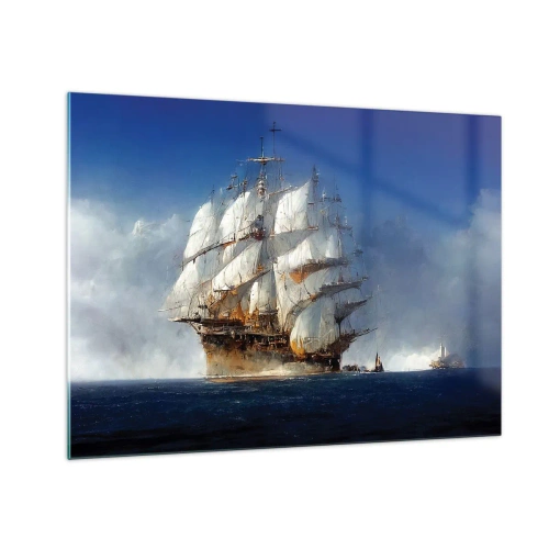 Billede på glas - Et sejlskib på åbent hav midt i havtåge - 70x50cm - Den store herlighed! - Moderne vægdekoration til stue og soveværelse ARTTOR