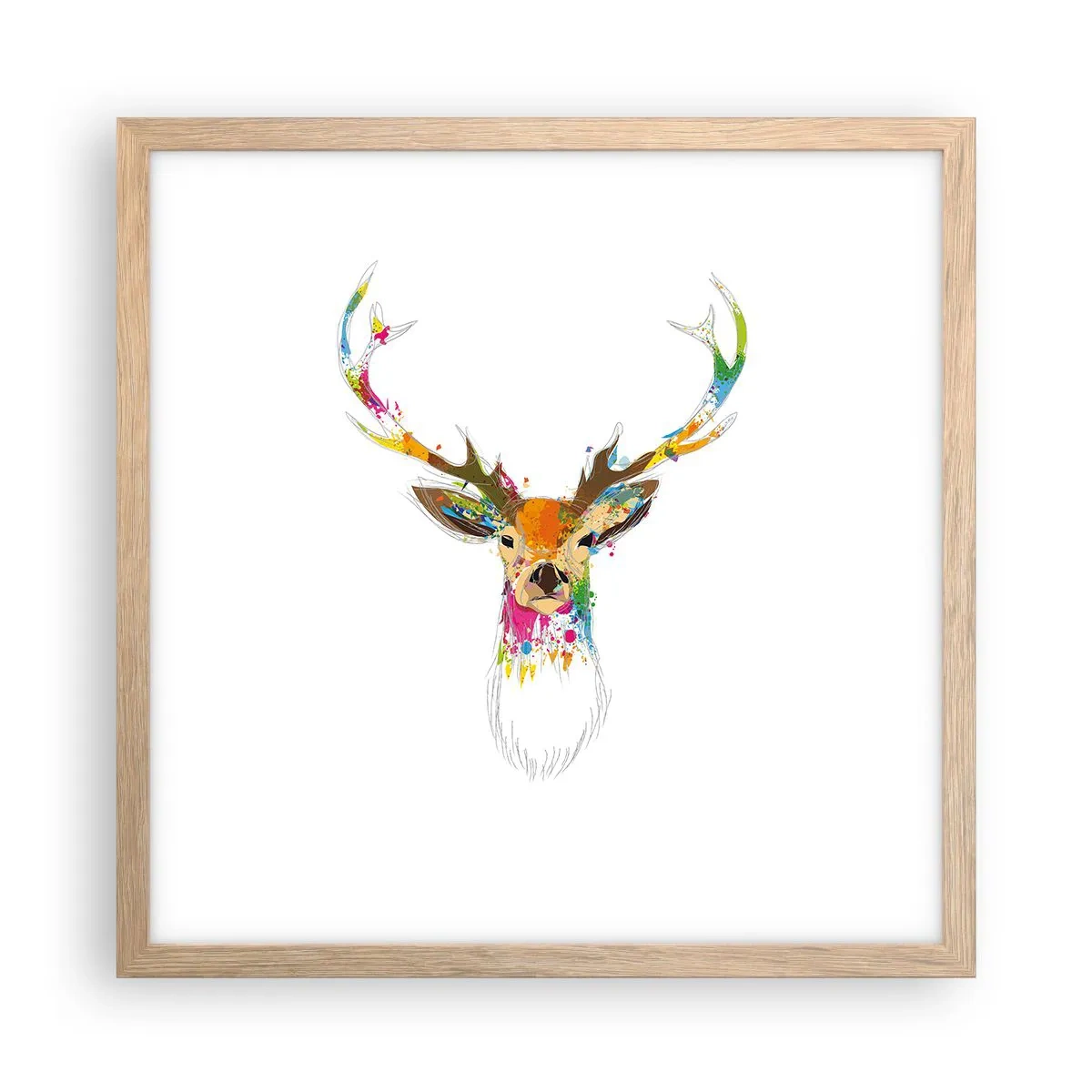 Plakat i ramme af lyst egetræ - Blid kronhjort badet i farver - 40x40 cm