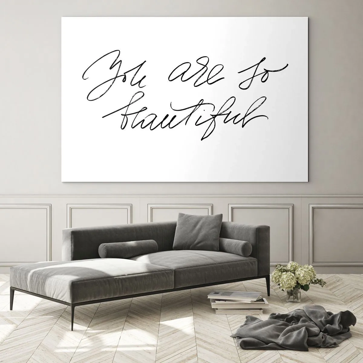 Billede på glas - "Du er så smuk"-citat i en elegant, kalligrafisk stil - 70x50cm - Virkelig, tro... - Moderne vægdekoration til stue og soveværelse ARTTOR