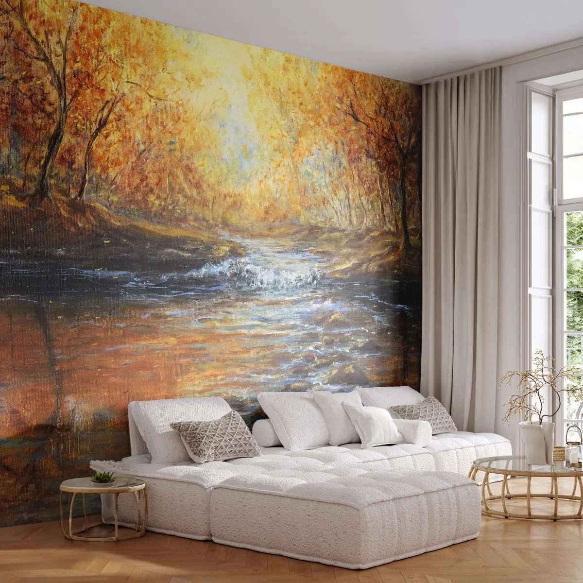 Fototapet Premium Canvas - Gylden strøm - Landskab, Bjergstrøm, Skov - 250x175 cm