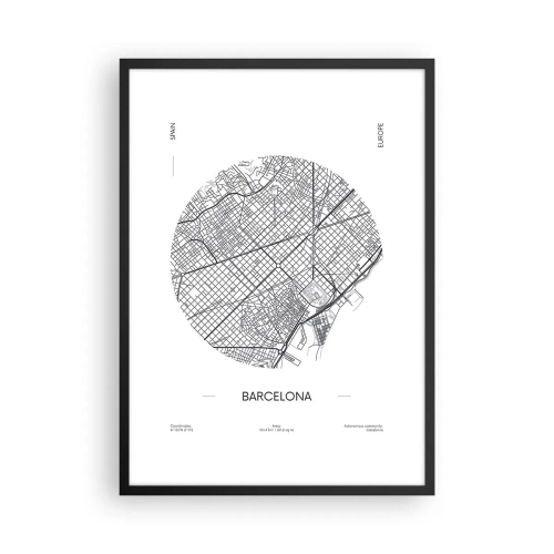 Plakat i sort ramme - Et minimalistisk kort over Barcelona i sort-hvid. - 50x70cm - Barcelonas anatomi - Moderne vægdekoration til stue og soveværelse ARTTOR