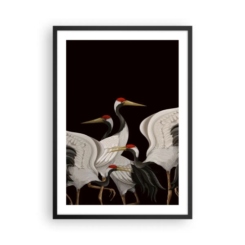Plakat i sort ramme - Elegante traner på en mørk baggrund i orientalsk stil - 50x70cm - Fugle anliggender - Moderne vægdekoration til stue og soveværelse ARTTOR